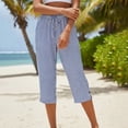 thumbnail image 7 of Striped Capri Pants for Women Loose Fit Straight Leg Cropped Pant Casual Summer Drawstring Elastic Waist Trousers Blue S, 7 of 7