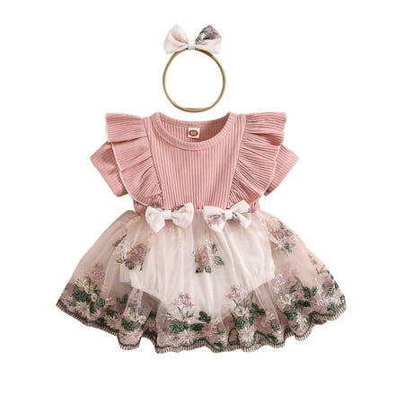 

Suealasg Infant Girl Romper Dress Short Sleeve Floral Embroidery Skirt Hem Jumpsuits 3 6 12 18 24 Months Newborn 2Pcs Summer Clothes Baby Bodysuits with Headband