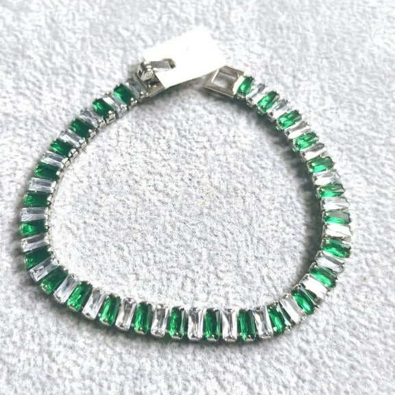 Aishvi Jewels Radiant Baguette Cut Green Emerald Lab-Created Emerald & Diamond Tennis Bracelet 14K White Gold Plated Diamond Bracelet Size 7.5" Inch 925 Silver