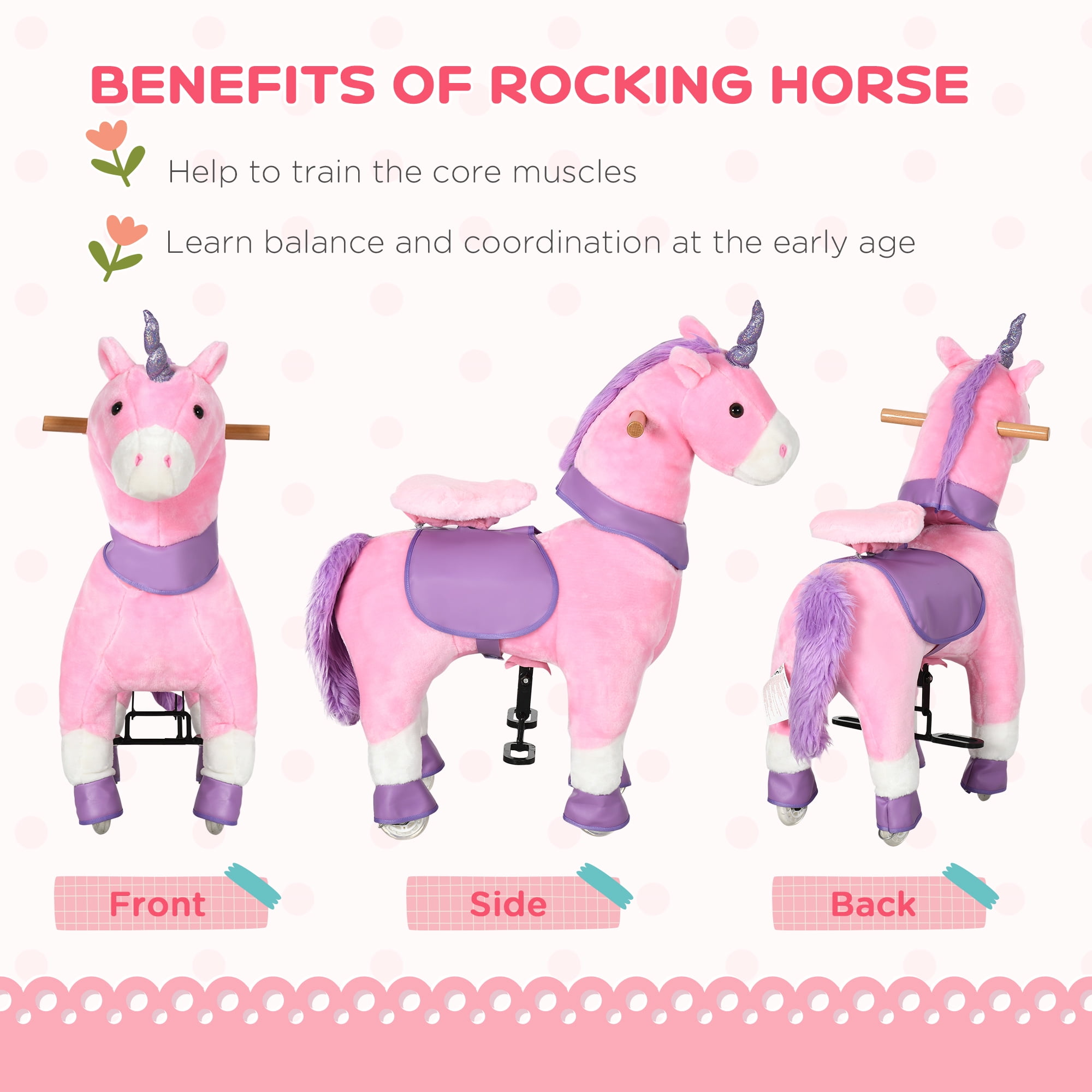 Kids Bikes Qaba Ride On Real Walking Unicorn with Sparkly Horn, Soft Plush Ride On Rocking Horse Bearing 176lbs, Imaginative Interactive Toy for Kids, Unicorn Gifts,Kids Riding Toys