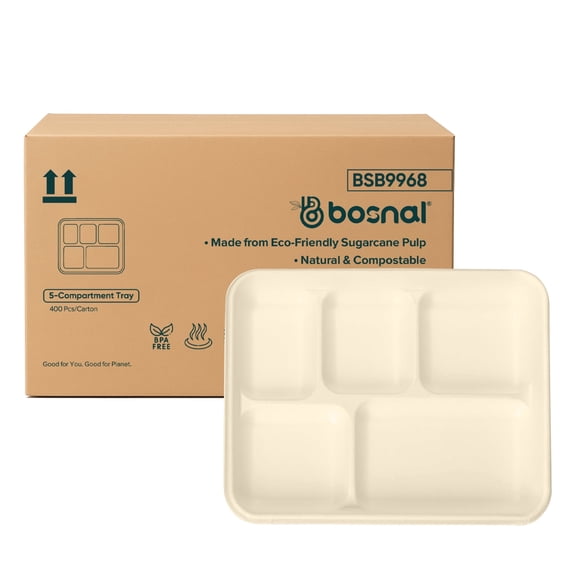 BOSNAL 5 Compartment Compostable Meal Trays, Bulk Box of 400 Pcs (16 Sets of 25), Sugarcane Bagasse Disposable Trays, Microwave Safe