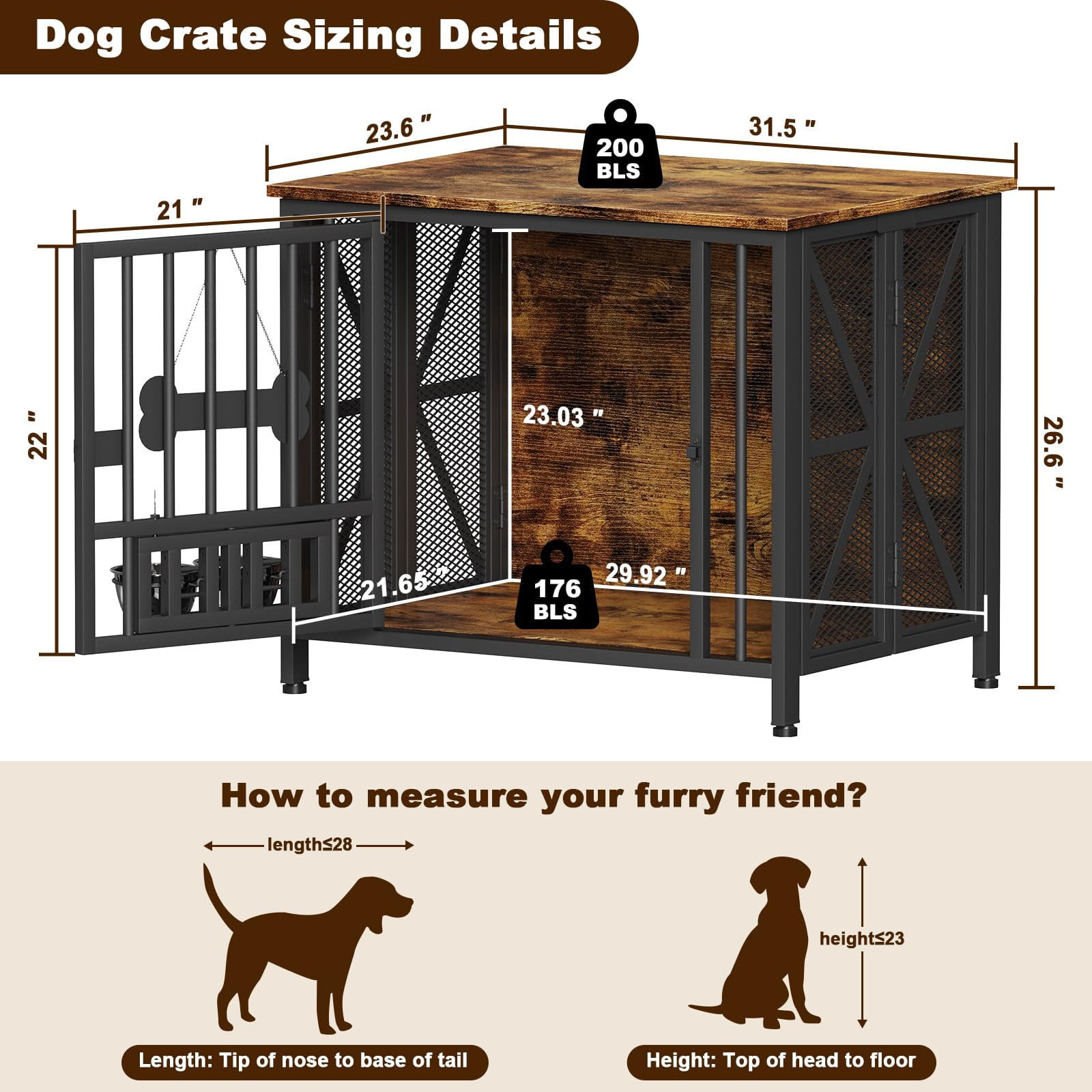 POAO 31.5" Assembly-Free Dog Crate Furniture for Small Dog, Foldable Dog Kennel Indoor with Tag & Adjustable Bowls, Dog Cage Use as End Table, Brown
