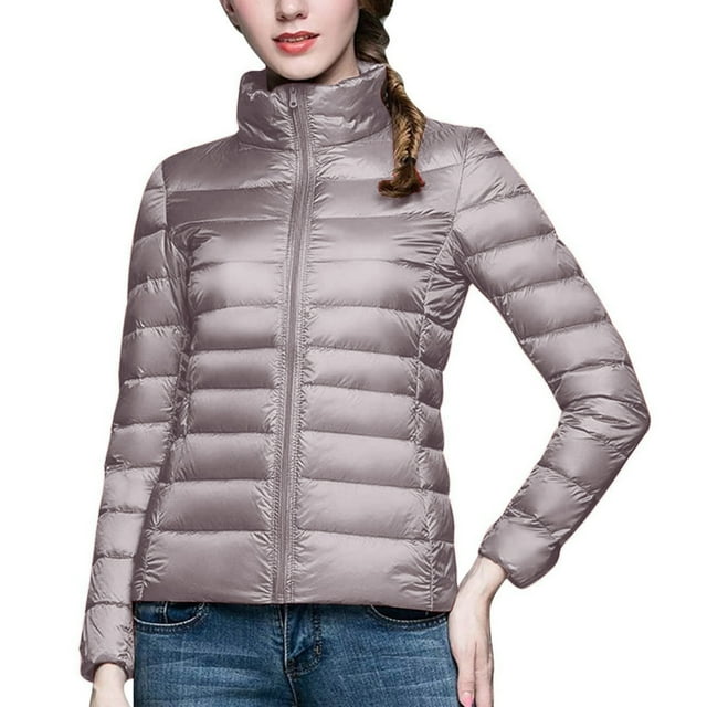 RKSTN Puffer Jacket Womens Long Sleeve Stand Collar Zip Up Winter Jacket Quilted Lightweight Down Jacket with Pockets