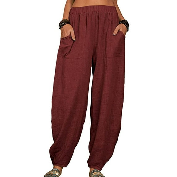 Frontwalk Women Pants Trousers With Pockets Linen Wide Leg Travel Plus Size Pant Bottoms Wine Red S