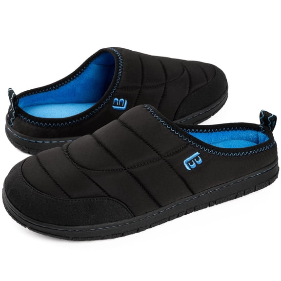 LongBay Mens Memory Foam Slip on Slippers - Two-Tone Indoor Outdoor House Shoes for Camping Garden, Non-Slip Rubber Sole, Comfortable Down Clogs
