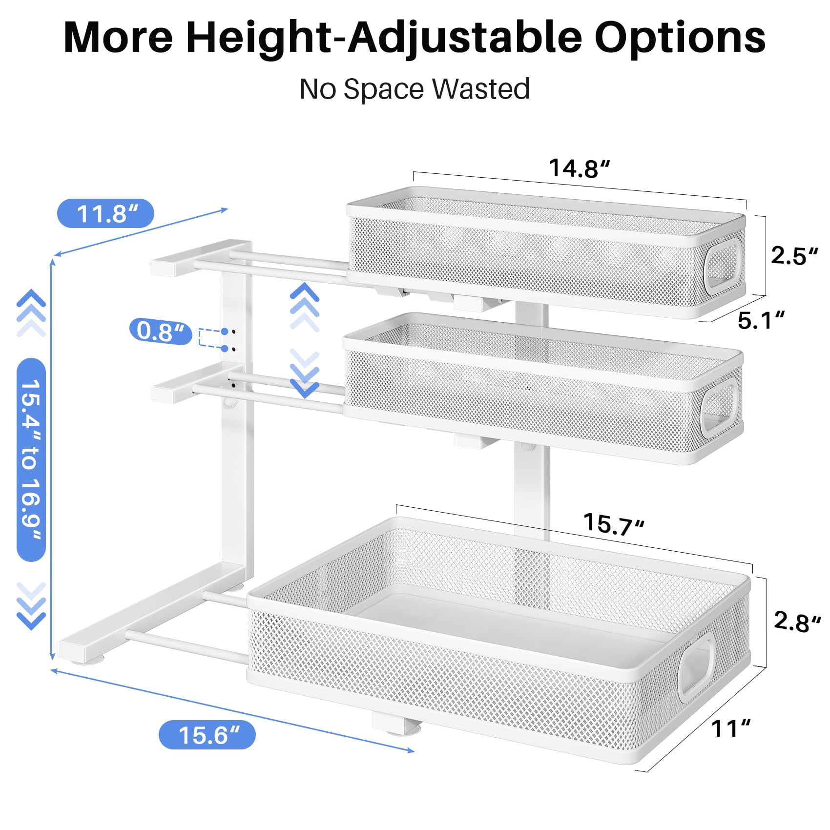 Under Sink Organizer, 2-Pack 3-Tier Thickened Metal Pull out Cabinet Organizer Shelf, Height Adjustable Slide out Storage Drawer Rack for Kitchen Bathroom Pantry Laundry Home Organization, White