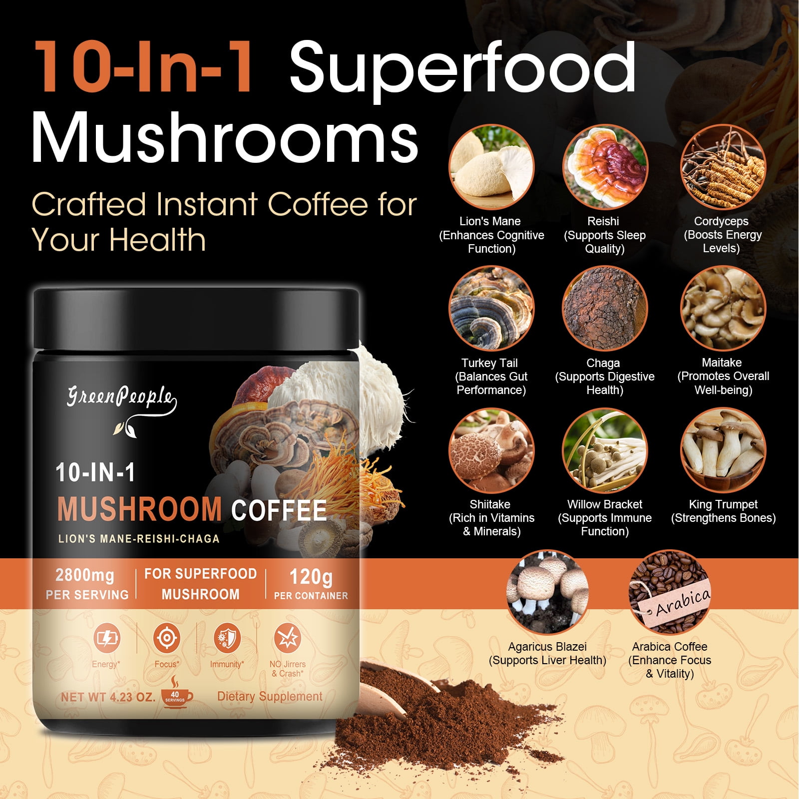 (2 Pack) Mushroom Coffee Powder 2800 mg (40 Servings), 10-in-1 Mushroom Blend Supplement 120g (4.23 oz)