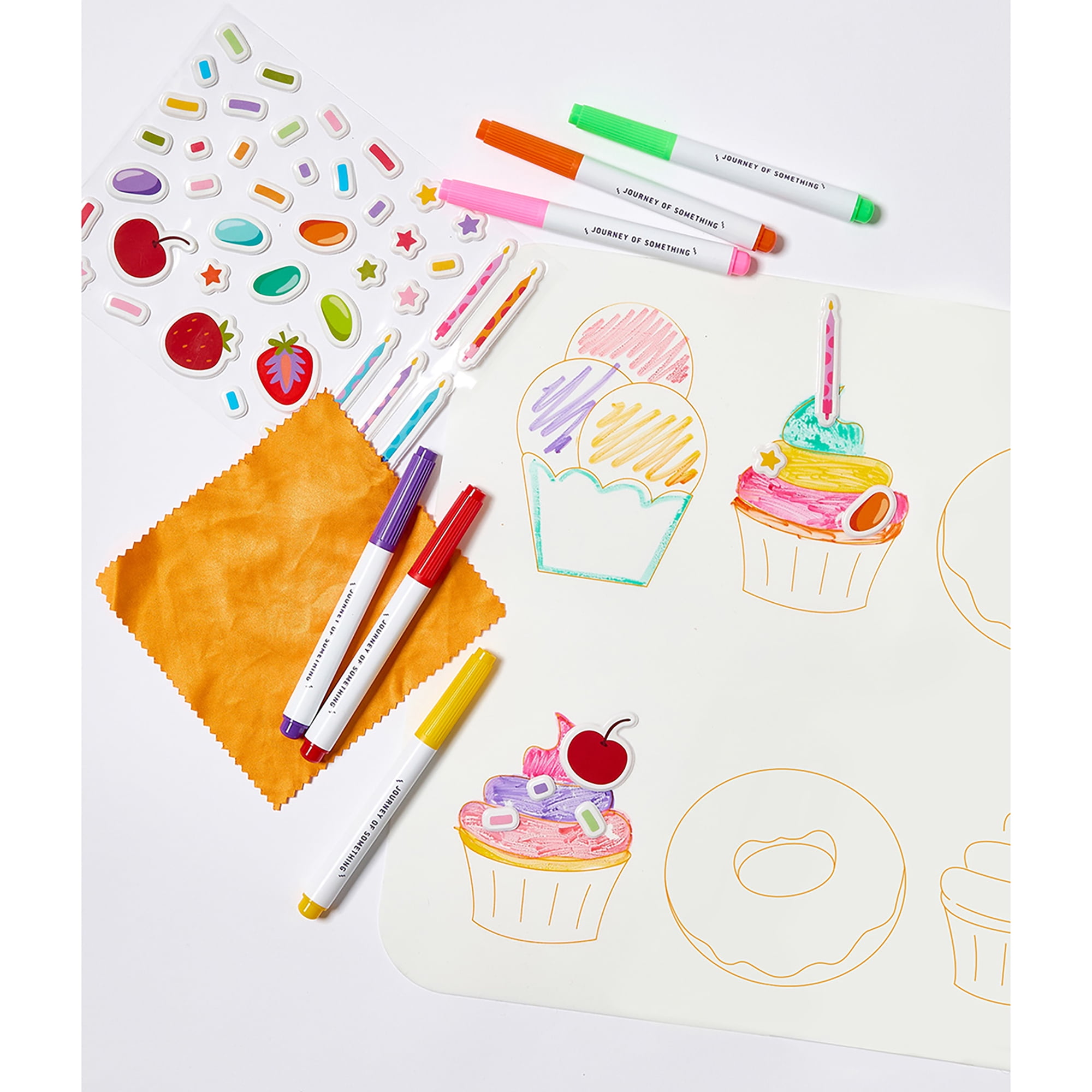 Journey of Something: Wipeable Silicone Mat - Sweet As - Reusable Coloring Kit, Mix & Match Dessert Decorating Stickers, Markers, Carry Pouch, Kids 4+