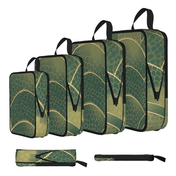 4piece Compression Bag Water Proof Soft Light Resistance To Tear And Extensible For Outdoor Camping During Family Vacation Trips Snake Skin Print Style Lightgreen_2
