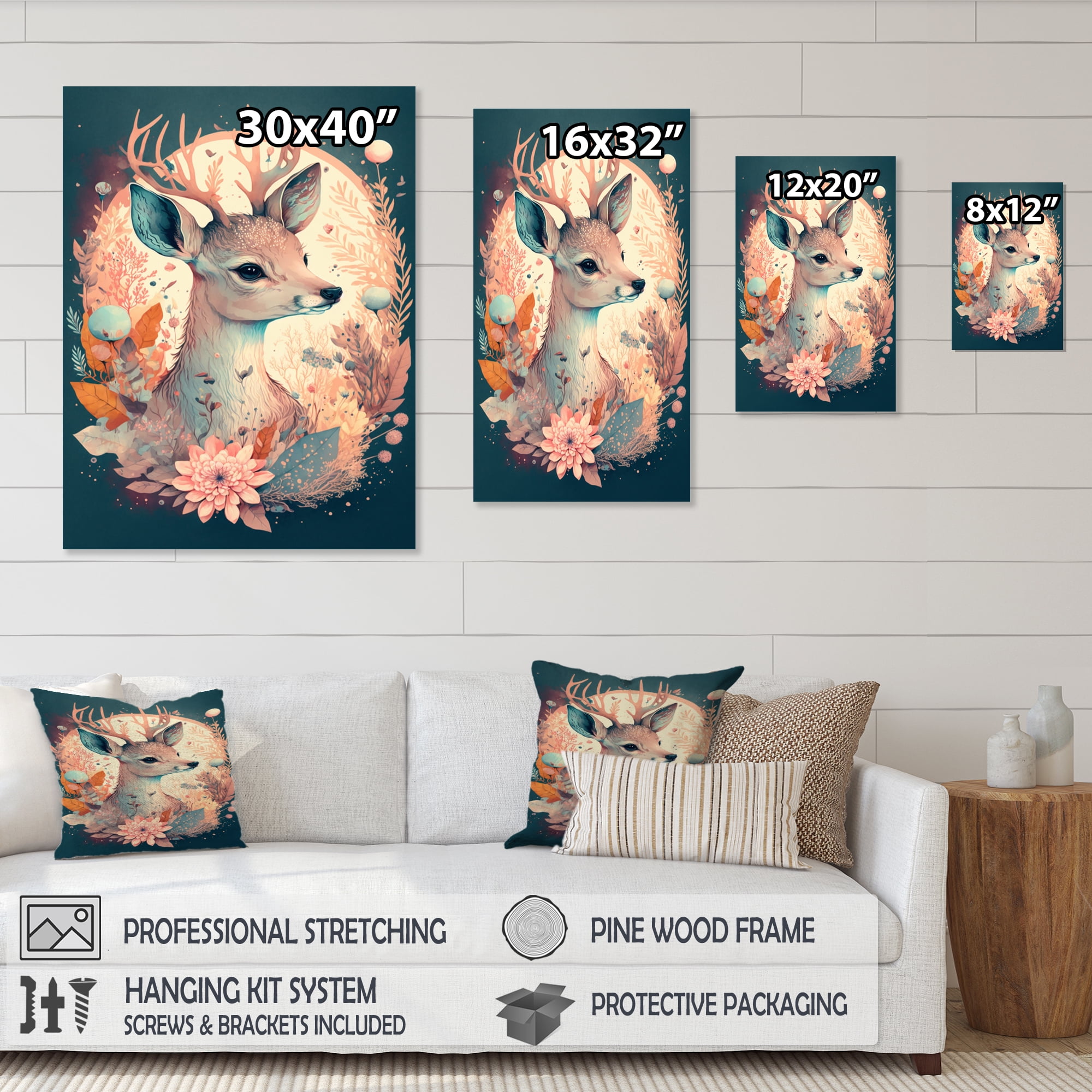 Designart Cute Deer Floral Art IV Canvas Wall Art
