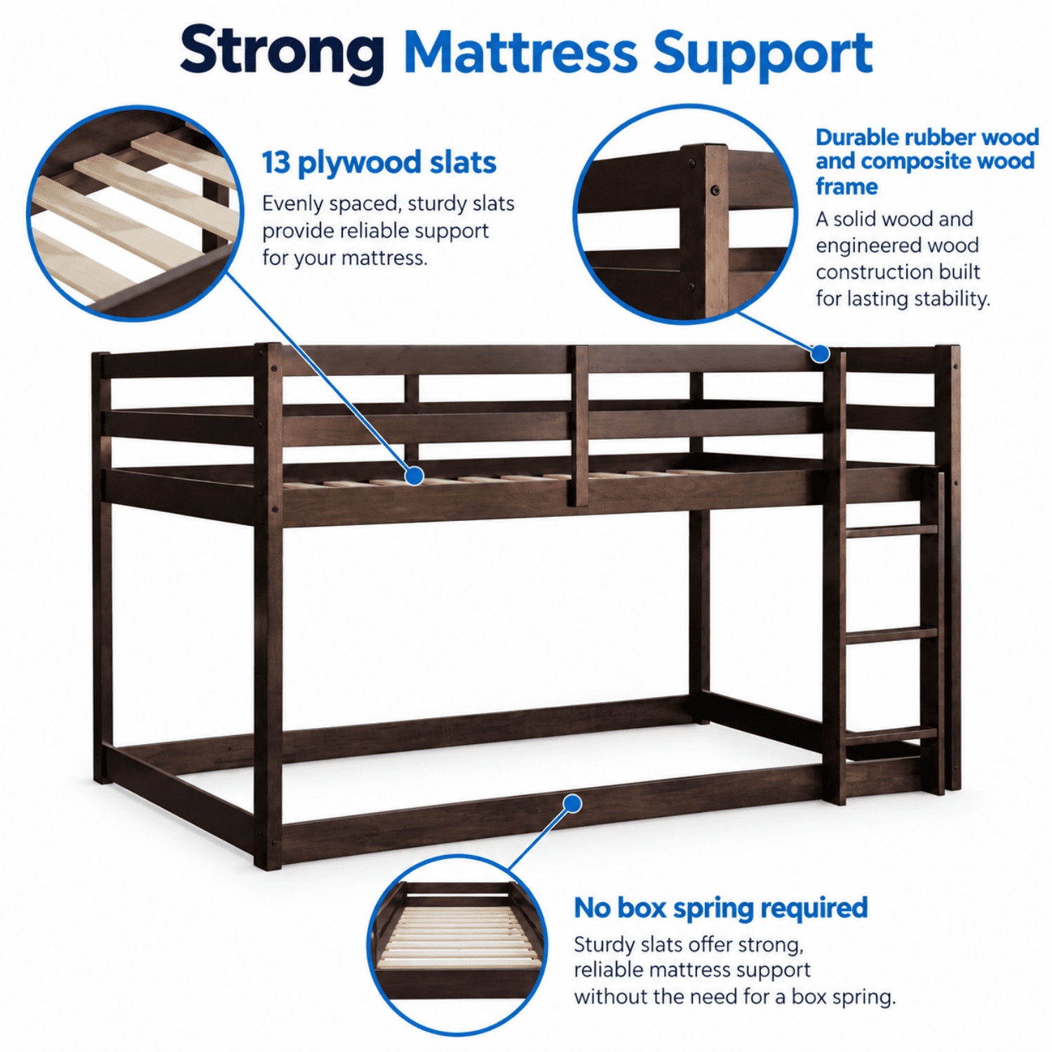 Miniyam Wood Twin over Twin Floor Bunk Bed with Ladder and Guardrails, Espresso