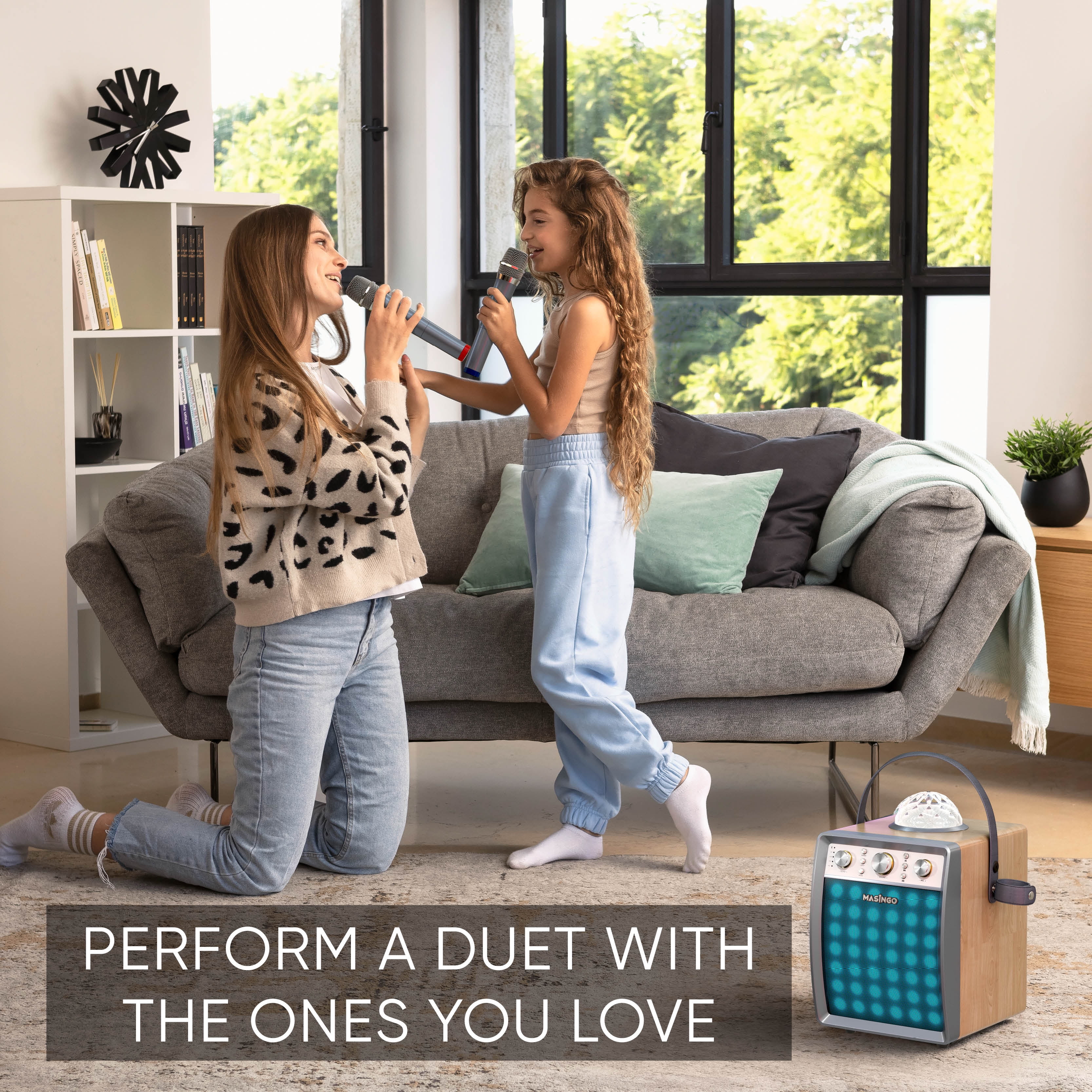 MASINGO Karaoke Machine for Adults and Kids with 2 Wireless Microphones, Portable Singing PA Speaker System Set with Disco Ball Party Lights & TV Cable, Ostinato M7