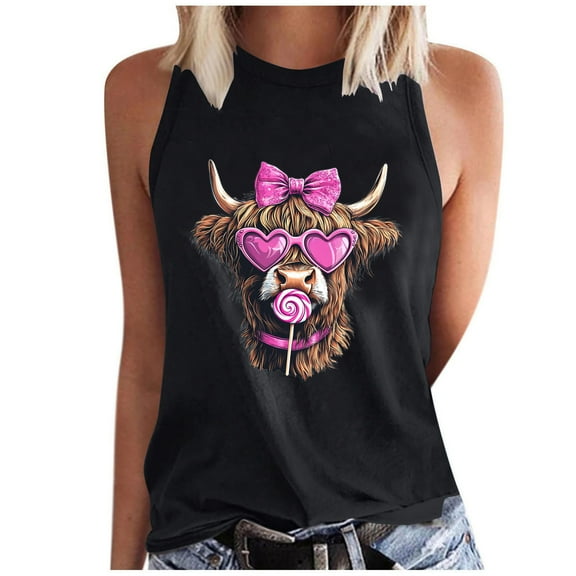 Oplxuo Womens Cute Graphic Tank Tops Crewneck Casual Summer Sleeveless Vintage Western Cowgirl Country Music T-Shirts