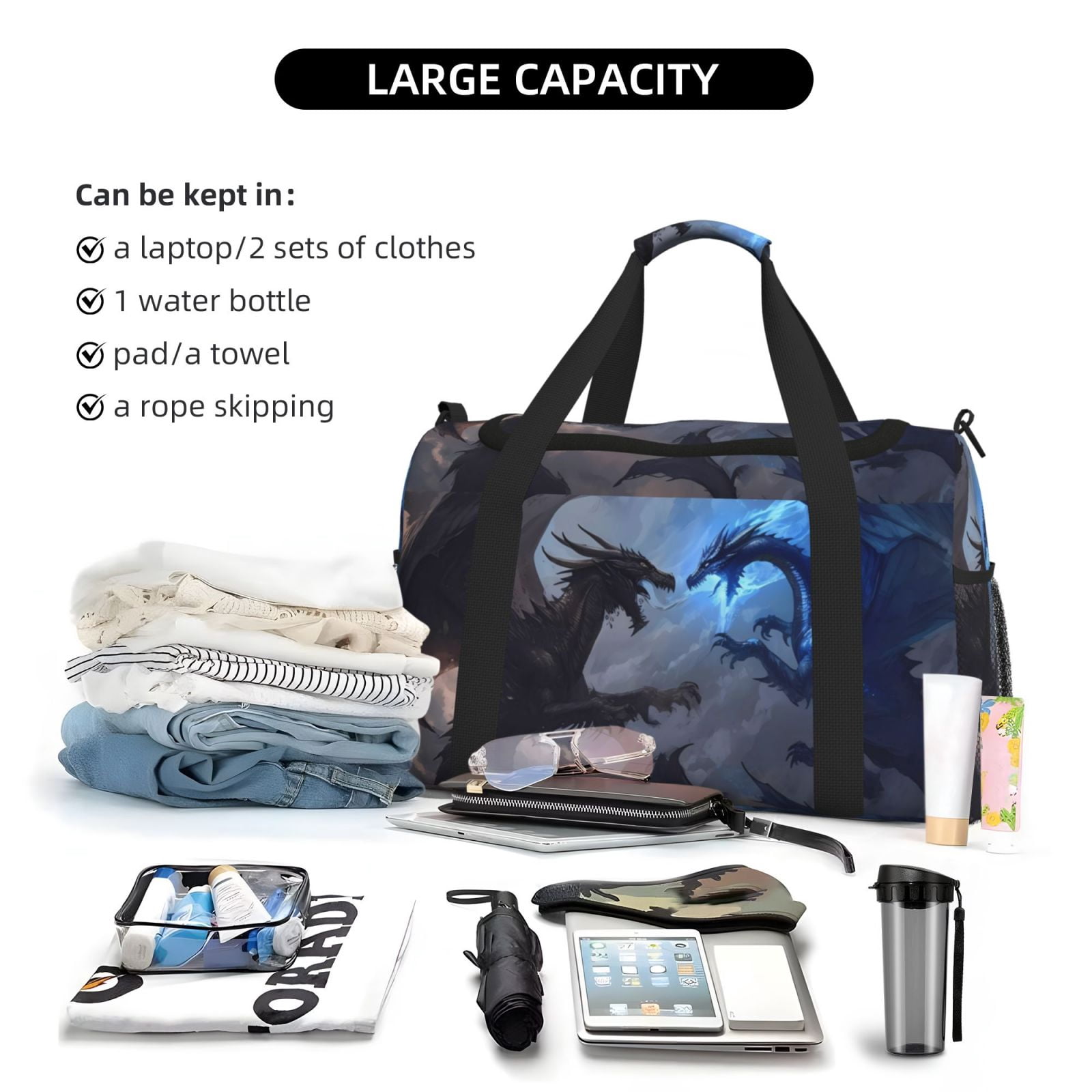 Fuzoiu Black And Blue Lightning Dragon Print Travel Duffle Bag,Carry On Tote Bags,Duffel Bag,Sport Gym Bag, Hospital Bag for Labor and Delivery, Overnight Bag,Luggage Bag