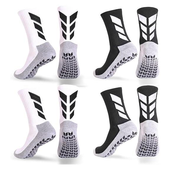 QCWQMYL Men's Grip Socks 4 Pairs 2 Black 2 White Non Slip Soccer Athletic Running Hospital Socks for Men Non Skid Grippy Training Mens Socks One Size