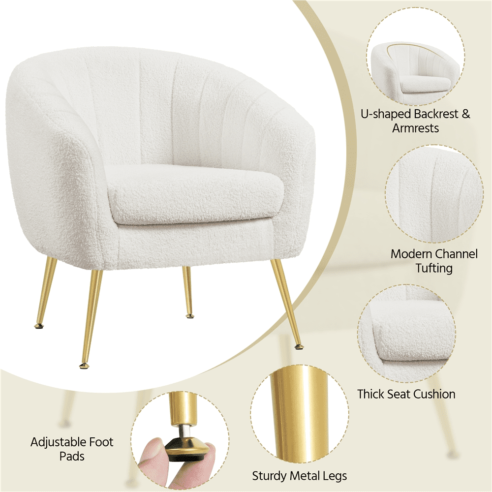 Alden Design Modern Tufted Boucle Barrel Accent Armchair with Gold Metal Legs for Living Room, Ivory
