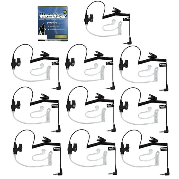 MaximalPower 3.5mm Receiver/Listen ONLY Surveillance Headset Earpiece with Clear Acoustic Coil Tube Earbud Audio Kit for Two-Way Radio Speaker Cable (10 Pack, Regular Cord)
