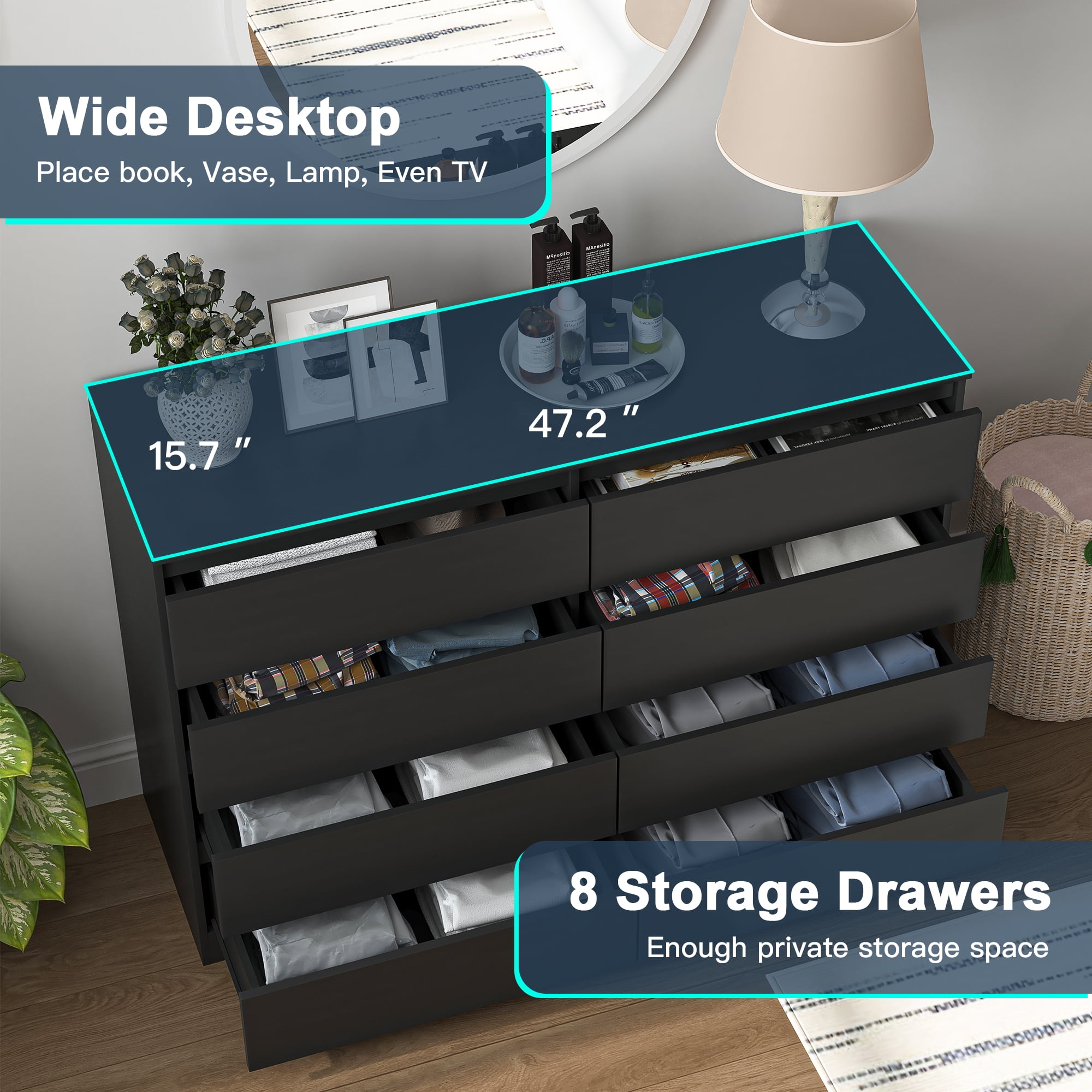 Finihen 8 Drawer Double Dresser, Modern 8 Chest of Drawers with Deep Drawers, Wide Storage Organizer Cabinet for Living Room, Kids, Black Finihen 8 Drawer Double Dresser, Modern 8 Chest of Drawers with Deep Drawers, Wide Storage Organizer Cabinet for Living Room, Kids, Black