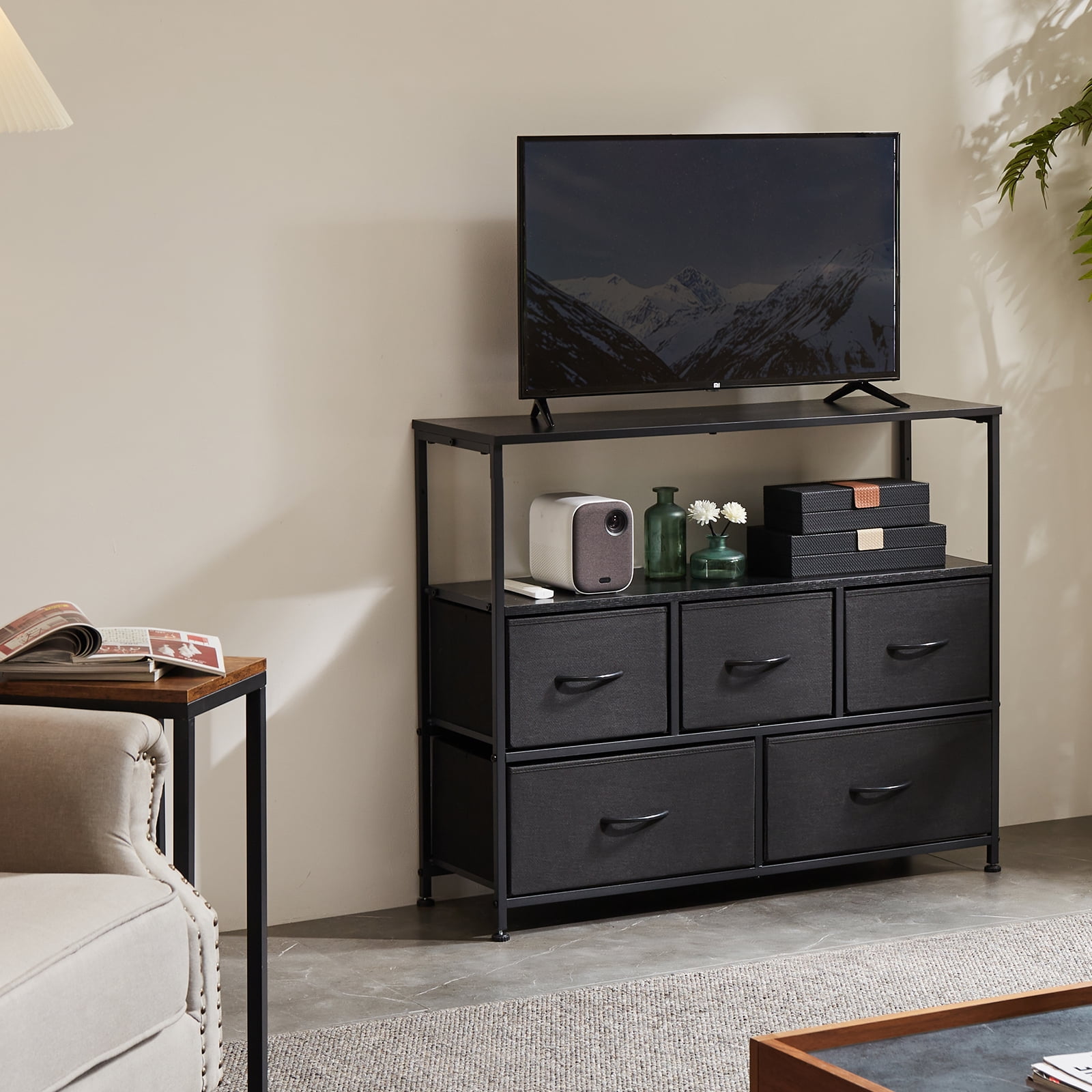 CONCETTA Dresser TV Stand for 45" TV with 5 Fabric Drawers, Sturdy Dresser for Bedroom with Wood Open Shelves, Dressers & Chest of Drawers for Living Room, Entryway, Closet, Black