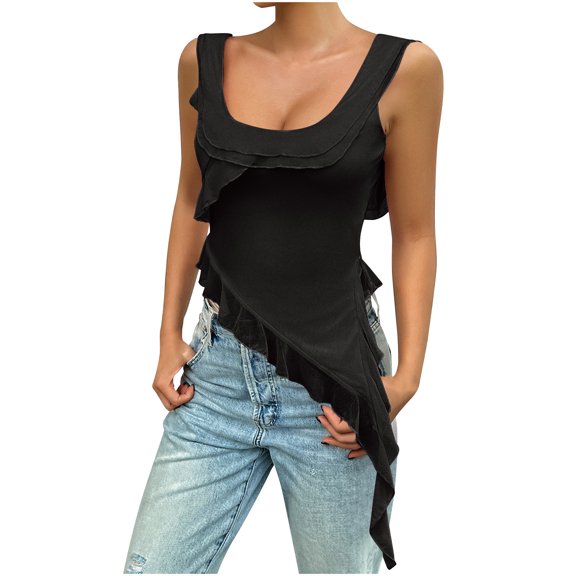 Women Tank Tops Ruffle Asymmetrical Hem Scoop Neck Sleeveless Blouses Casual Summer Cami Tops