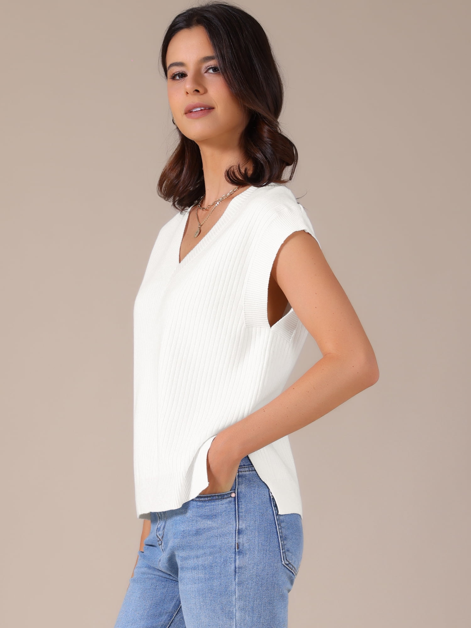 DARING DIVA Women's V Neck Ribbed Knit Sleeveless Pullover Sweater Vest L White