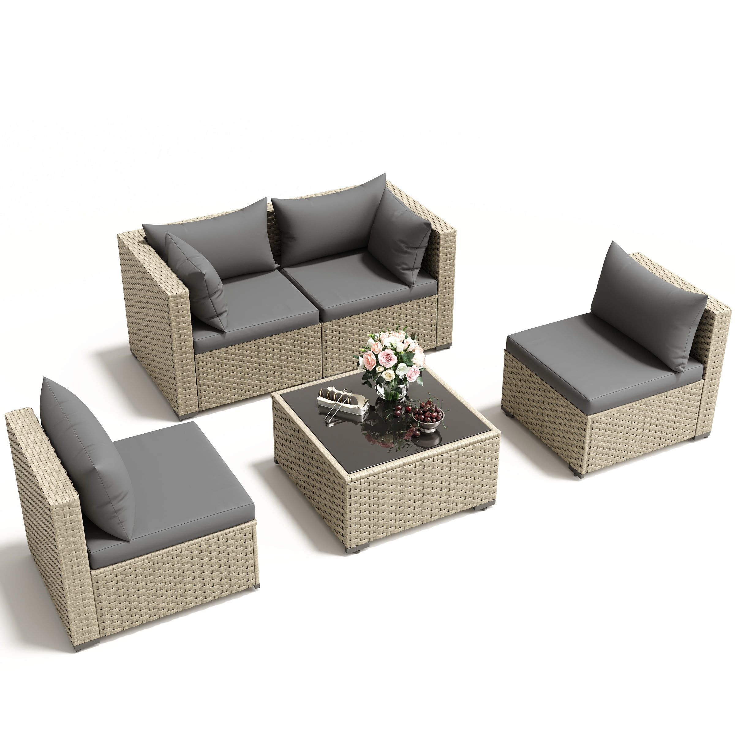 POTEBAN 5 Pieces Outdoor Patio Furniture Set, Outdoor Wicker Patio Conversation Set with Cushions for Backyard, Porch, Garden(Gray)