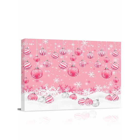 Christmas Ball Canvas Print Wall Art Framed Canvas Art Wall Decor Pink Xmas Balls Snowflakes Winter Snow Scene Pictures Painting Morden Artwork for Living Room Bedroom, Ready to Hang - 12"x16"