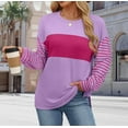 thumbnail image 4 of LEBONYARD Women's Fashion Round Neck Striped Printing Blouse Casual Long Sleeved Solid Color Loose Fit Tops Chic Soft Comfortable Fit Ladies Tops, 4 of 9
