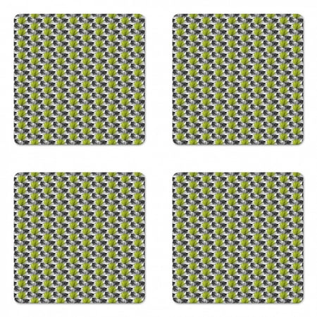 

Floral Coaster Set of 4 Repeated Pattern of Palm Tree Leaves and Large Polka Dots on Background Square Hardboard Gloss Coasters Standard Size White and Yellow Green by Ambesonne