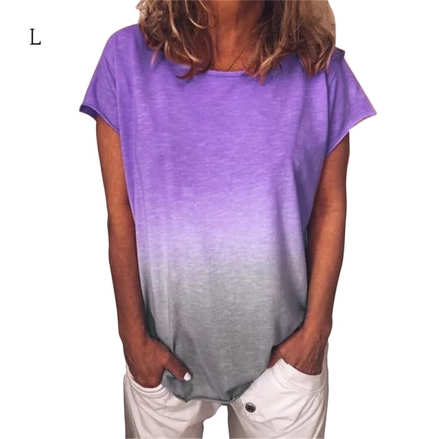 T-Shirt Femme Manches Courtes Col Rond Dégradé T-Shirt Décontracté T-Shirt Rond, Violet, G