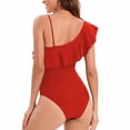 thumbnail image 5 of Womens Bathing Suits Plus Size One Shoulder Ruffle One Piece Swimsuits Solid Color Full Coverage Cutout Swimwear (Red M), 5 of 6