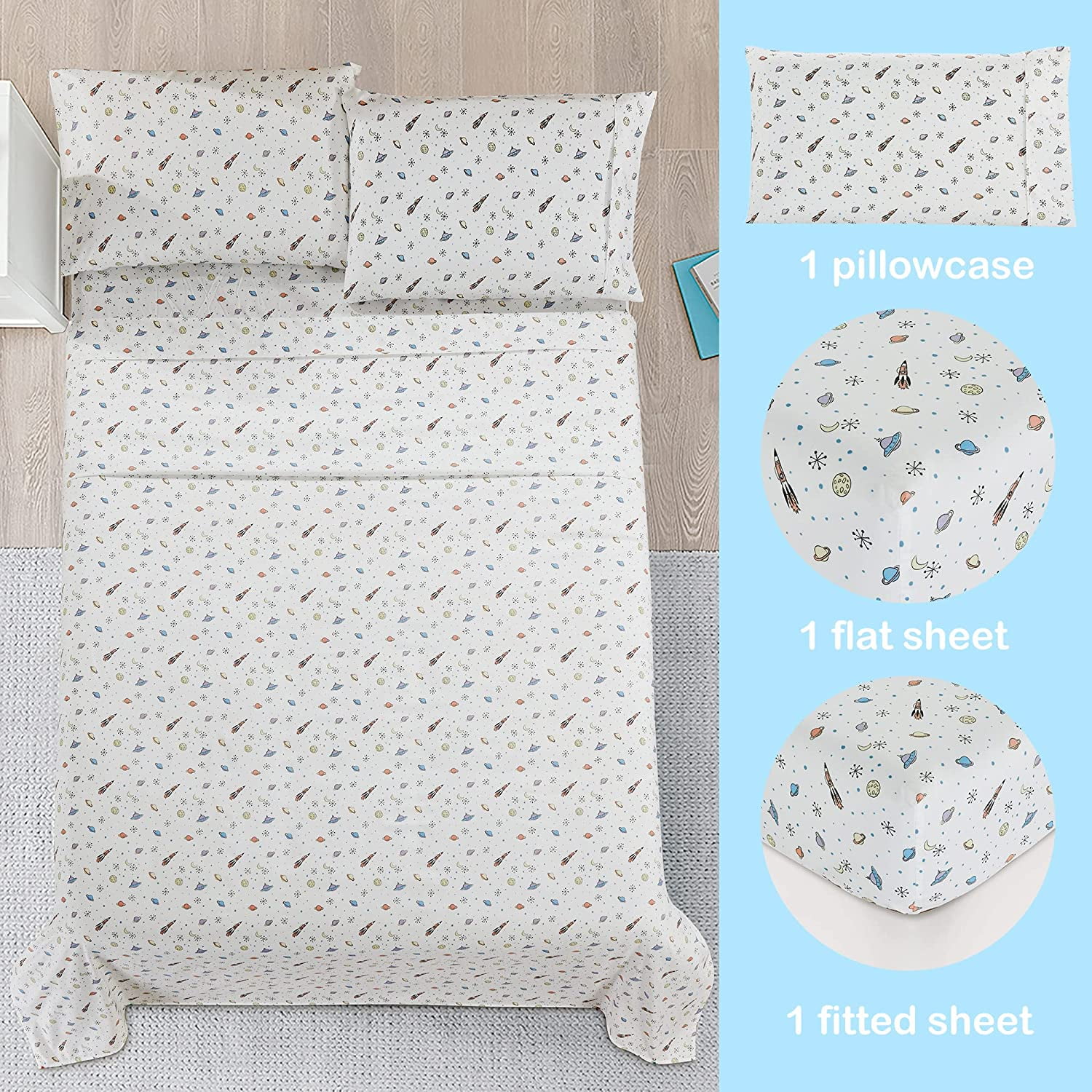 Viviland Kids Twin Sheet Set Printed Boys Bed Sheets White Space Rocket