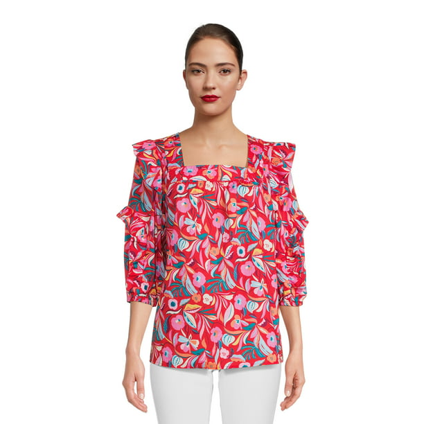 The Pioneer Woman Square Neck Blouse with Ruffle Sleeves, Women's ...