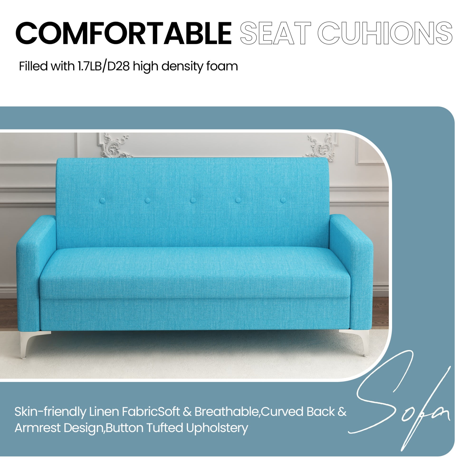 Aukfa Loveseat Sofa Couch with Storage Underneath, Small Couch for Bedroom, Living Room, Dorm, Blue