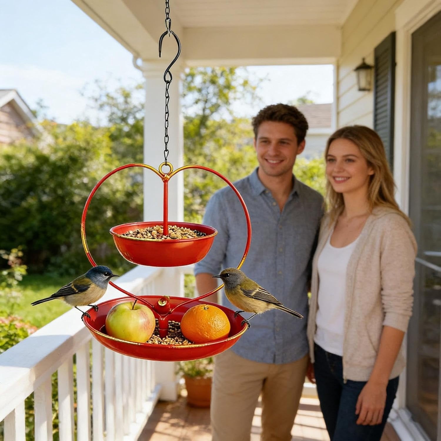 Heart-Shaped Hanging Bird Feeder, Double Layer Iron Feeder for Outdoor Garden, Retro Balcony Decor, Wildlife Accessory for Backyard Bird Feeding