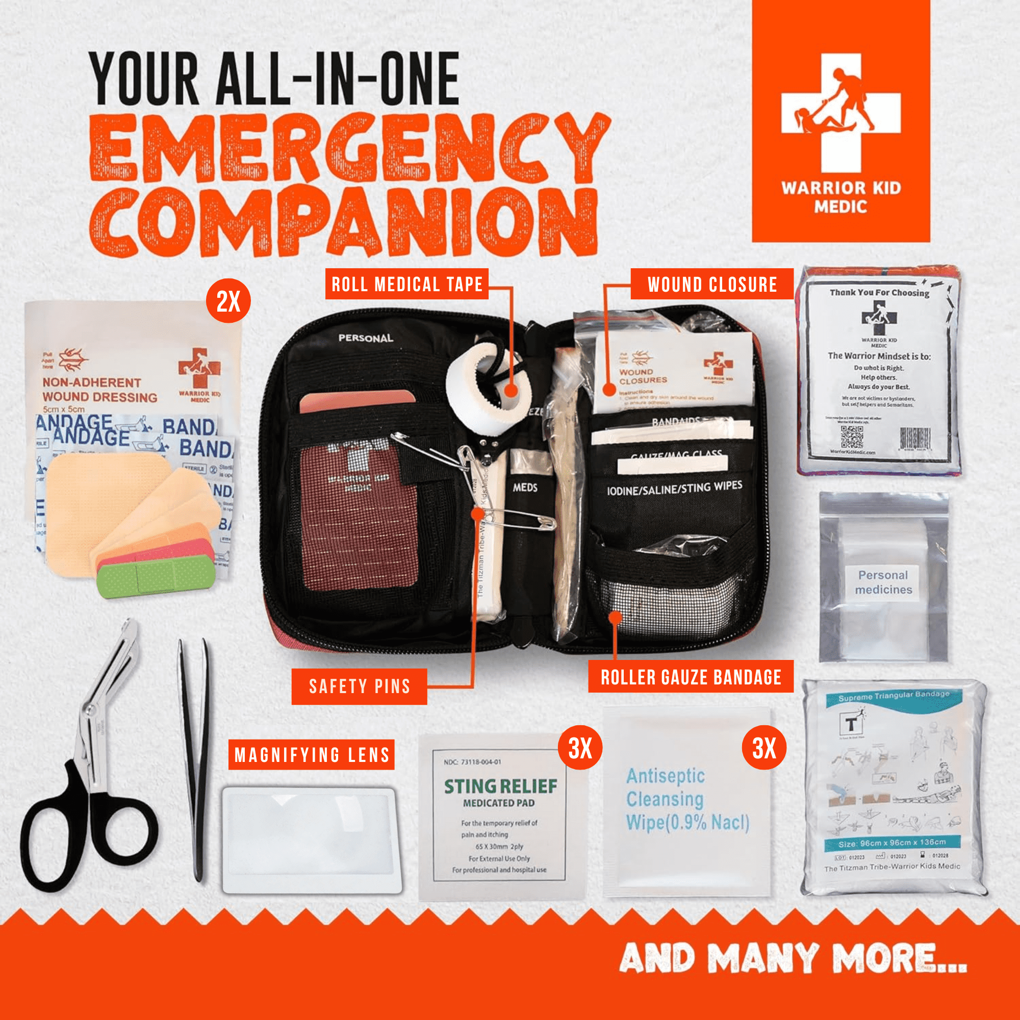 Warrior Kid Medic Med Kit – First Aid Kit with Triangular Bandage, Compact Emergency Essentials for Kids & Adults, Travel Ready