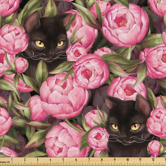 Ambesonne Cats and Flowers Fabric by the Yard Upholstery, Kitten and Bloom, 3 Yards, Pastel Pink Peacock Green