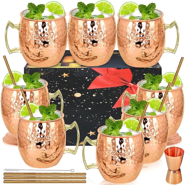 Tazas de cobre Moscú Mule, juego de tazas plateadas de acero inoxidable de cobre, perfectas para bebidas frías, cócteles, bar del hogar, con paquete de regalo