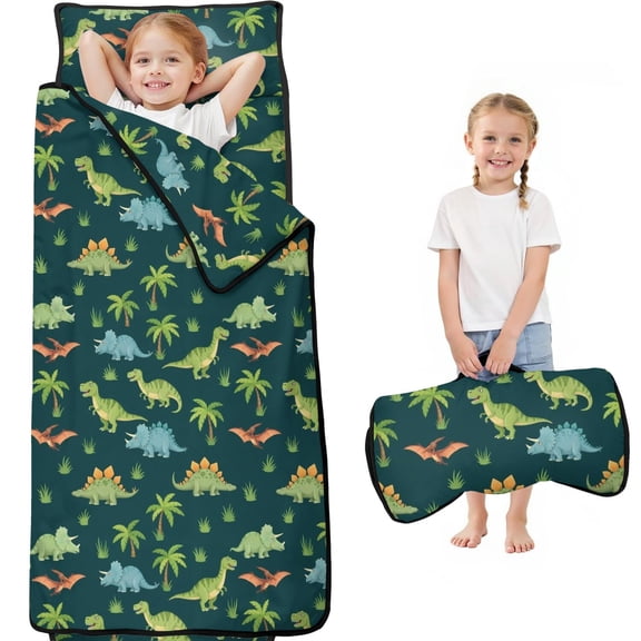 Dinosaur and Palm Green Pattern Teens Toddler Nap Mat with Pillow, Sleeping Mat Bag for Preschool Daycare 59"x22"