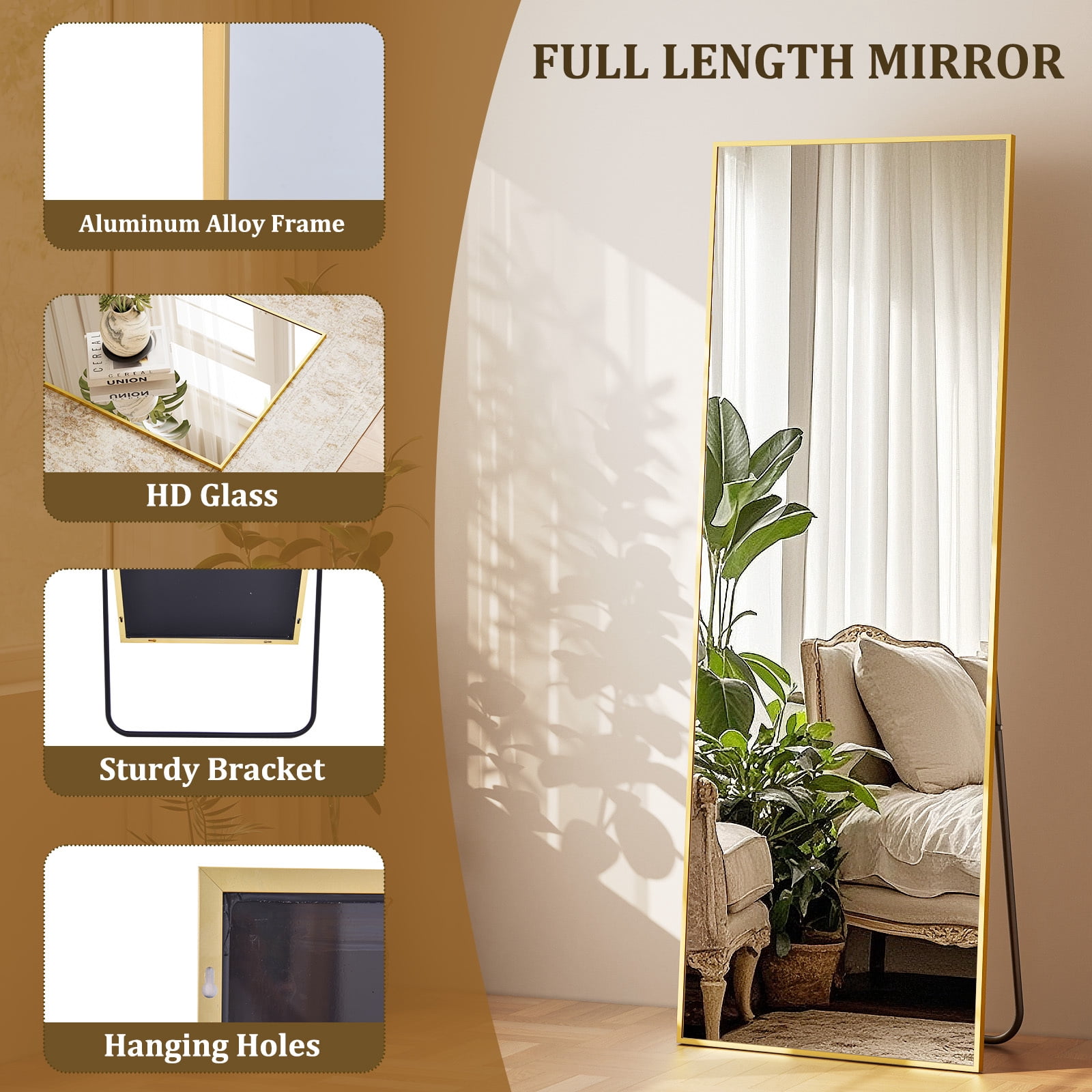 Easy4Home 64"x21" Rectangular Full Length Mirror Freestading Full Body Floor Mirror, Gold