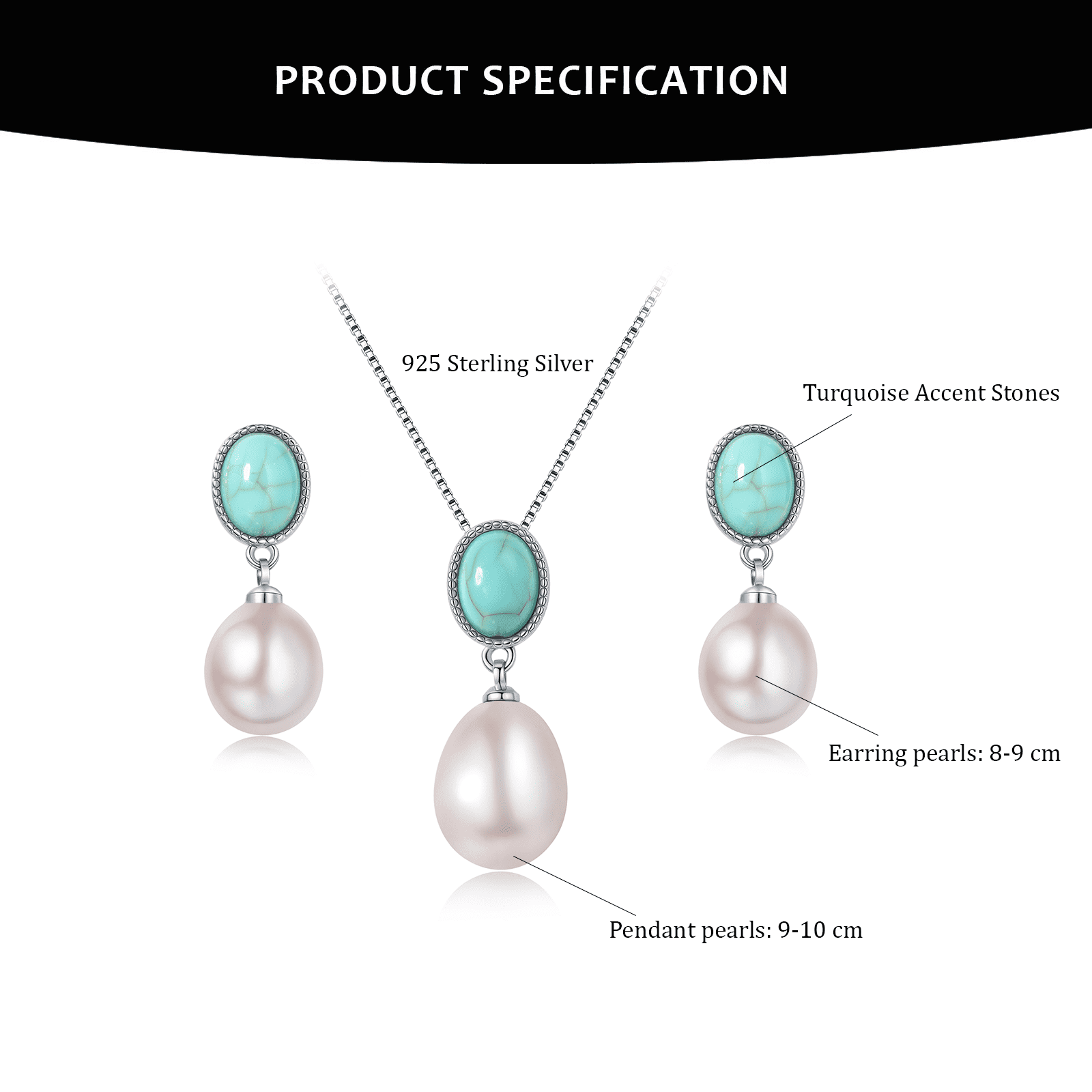 BAMIKI 9-10mm White Pearl Necklace and 8-9mm Earrings Set 925 Sterling Silver Valentine's Day Jewelry Gift for Women