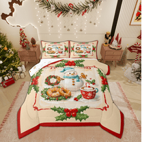 Manfei Winter Cute Snowman Bedding Comforter Set for Kids, Poinsettia Floral Plant Twin Comforter Sets, Merry Christmas Reversible Bedding Set, Lightweight Room Decor, 2-Piece