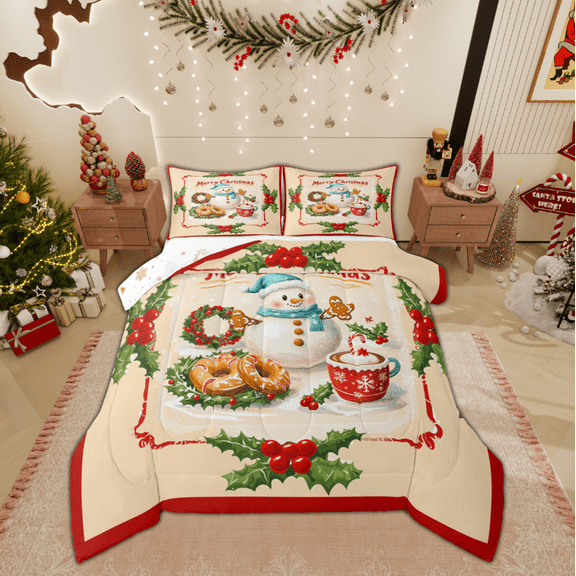 Manfei Winter Cute Snowman Bedding Comforter Set for Kids, Poinsettia Floral Plant Twin Comforter Sets, Merry Christmas Reversible Bedding Set, Lightweight Room Decor, 2-Piece