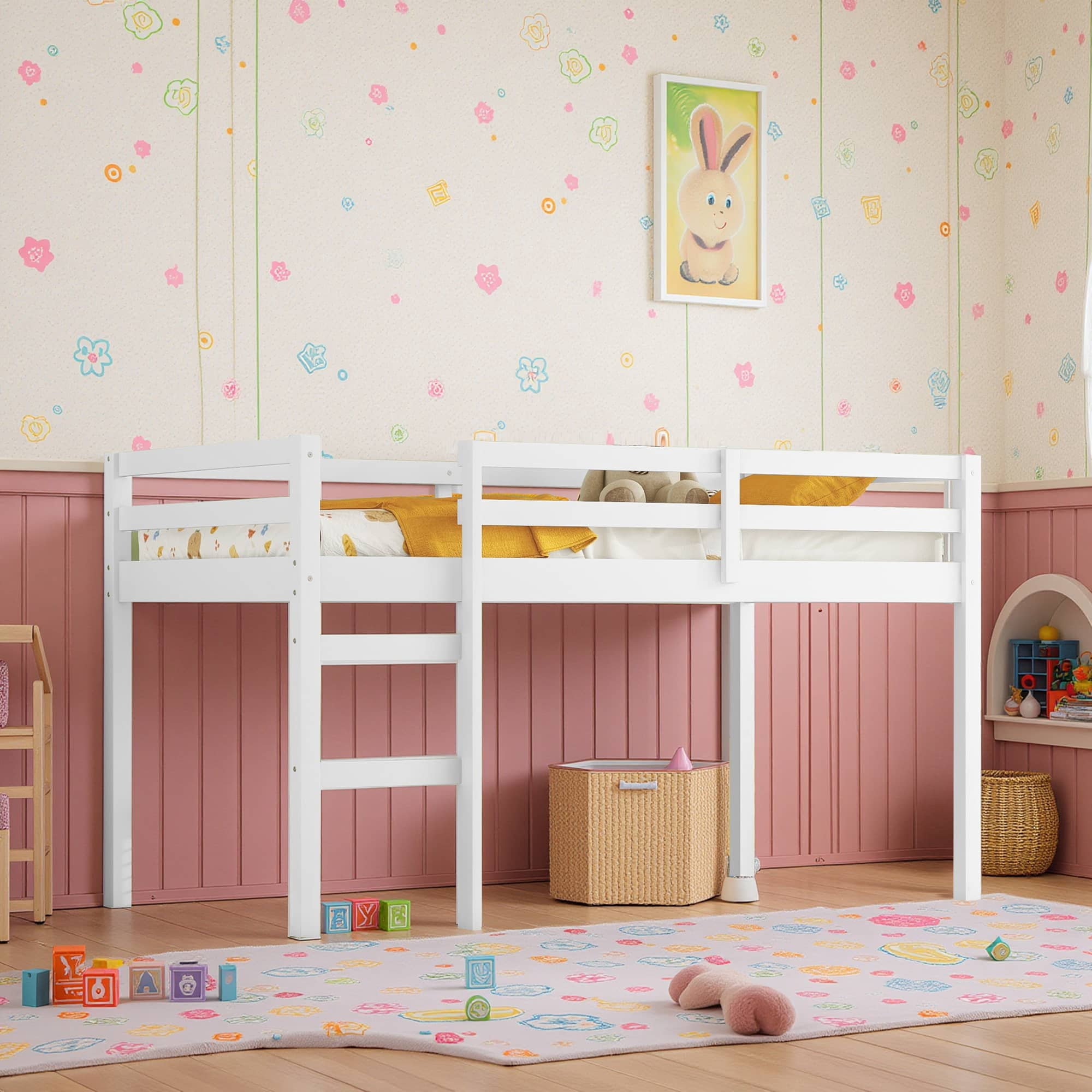 MAYEERTY Twin Loft Bed, with Ladder, Bed Platform of Strengthened Slats , White