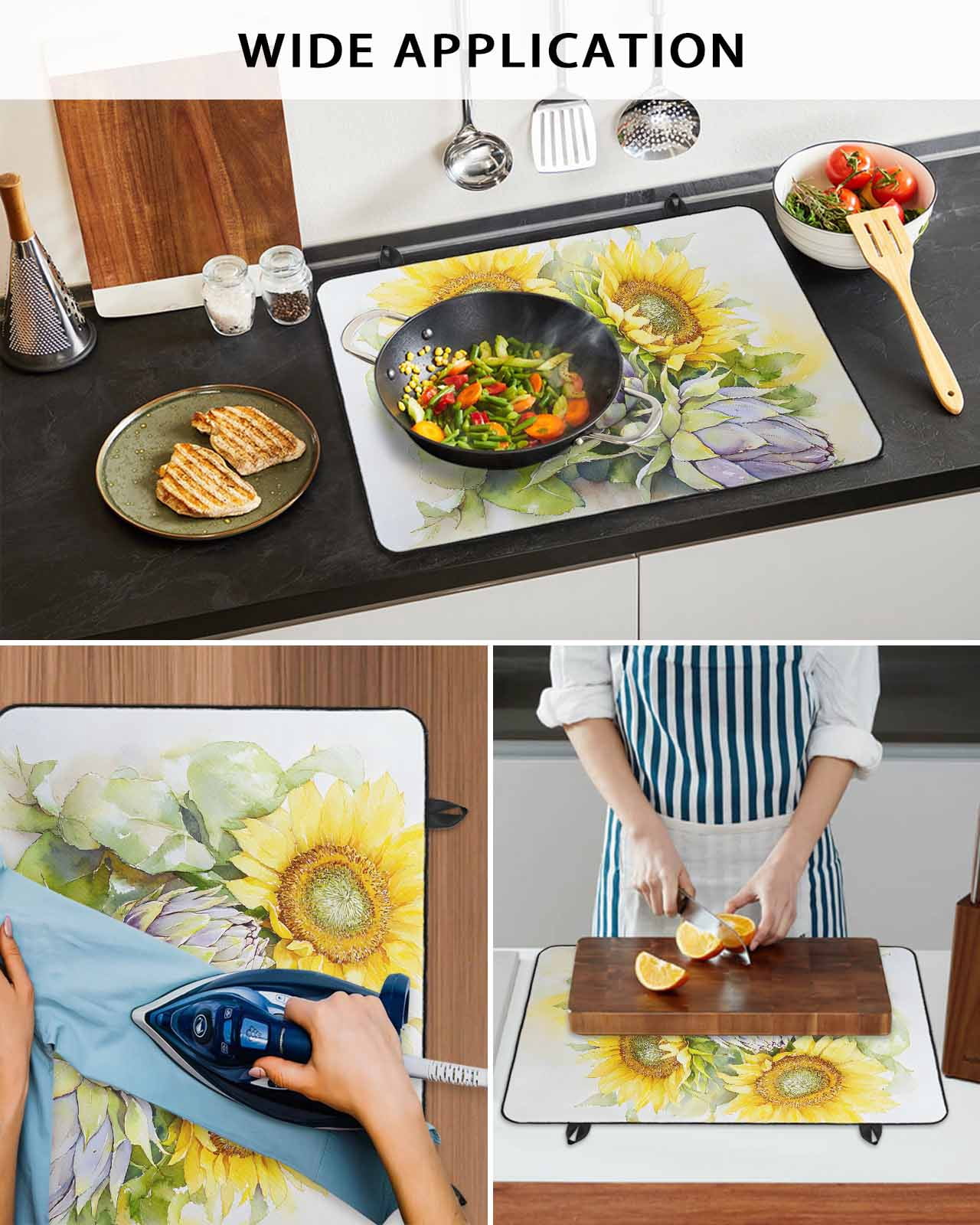 nqOlkjepod Large Induction Cooktop Protector Mat 24"x21", Summer Sunflowers Stove Top Covers for Electric Stove, Watercolor Floral Blossoms Retro Stove Burner Cover Mats, Glass Top Stove Cover