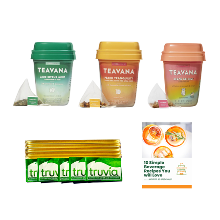 Tea Gift Set -Teavana Jade Citrus Mint Green Tea, Peach Tranquility, Beach Bellini, Herbal Tea Caffeine Free, Honey Sticks with Zero Calorie Sweetener, Recipe ebooklet