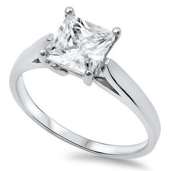 Solitaire Princess Cut Engagement Ring CZ 925 Sterling Silver Ring Size 5