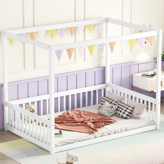 Miniyam Full Size Canopy FloorBed with Guardrails for Kids and Teens, White