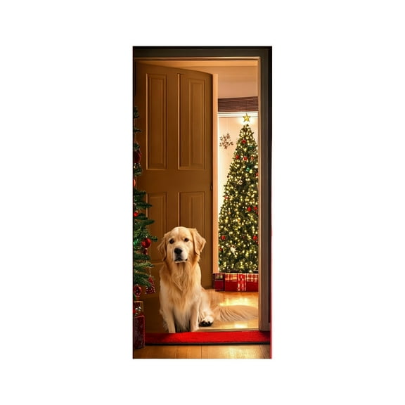 Cheapark 70×35 Inch (180×90cm) Christmas Door Cover - Dog & Tree Printed Decorative Curtain For Entryway, Home Holiday Festive Display