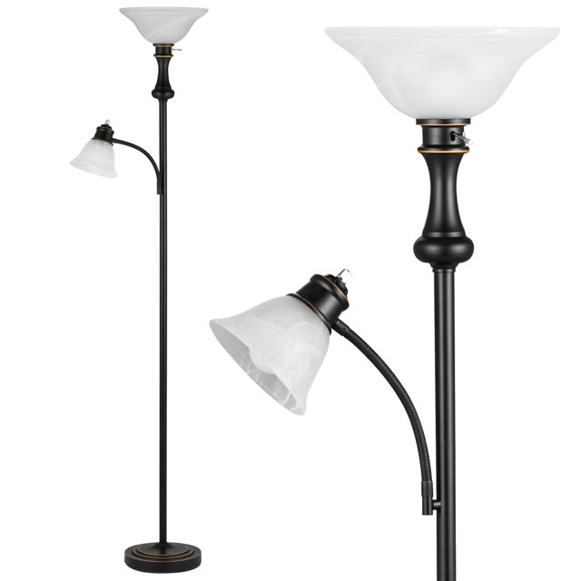 Lámpara de pie Leasgy de 180 cm, ángulo ajustable, negra, con vidrio